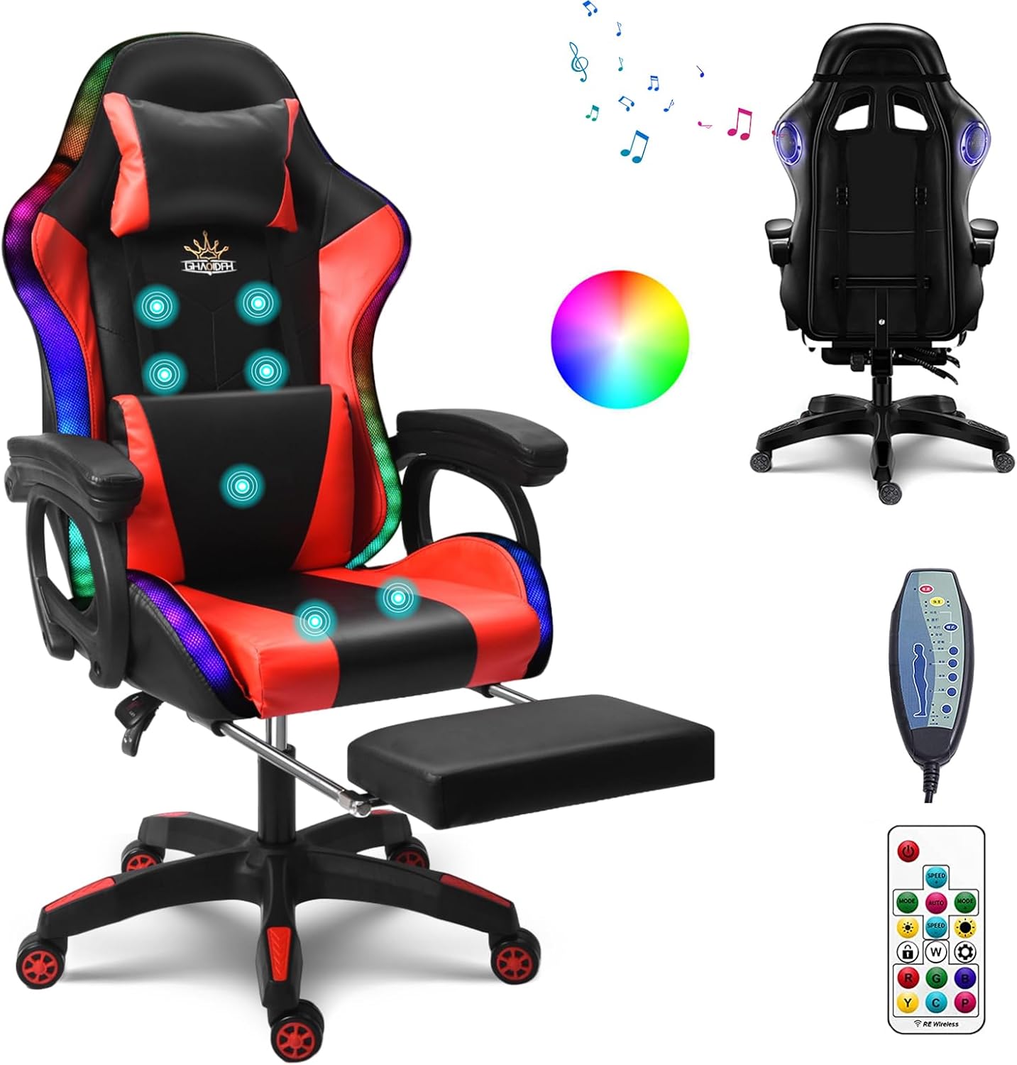 Massage Gaming Chair with Speakers Video Game Chair with RGB LED Lights Ergonomic Racing Office Chair PU Leather Recliner Computer Chair Swivel Chair with Headrest Armrest Lumbar Support,Red