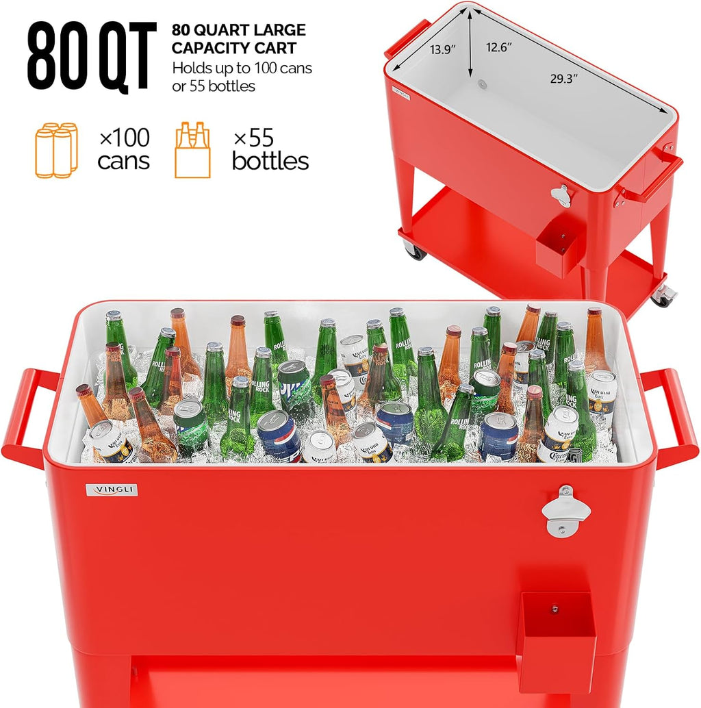 VINGLI Rolling Ice Chest, Portable Patio Party Bar Drink Cooler Cart, with Shelf, Beverage Pool with Bottle Opener
