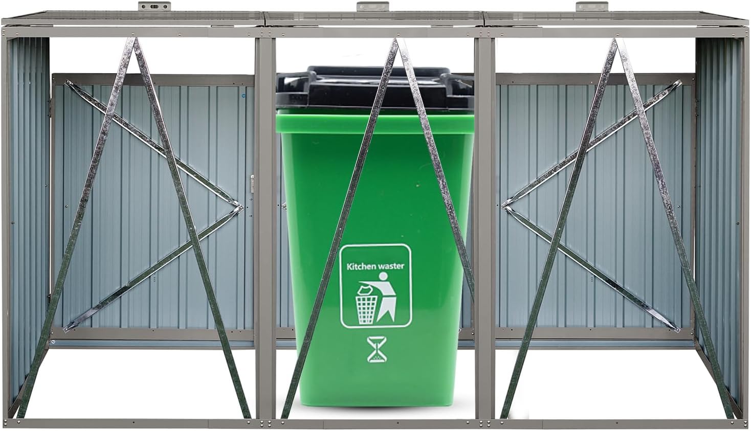 【LuckyNote】 Garbage Bin Shed Stores 3 Trash Cans Metal Outdoor Bin Shed for Garbage Storage,Stainless Galvanized Steel, Bin for Garden Yard Lawn,Grey