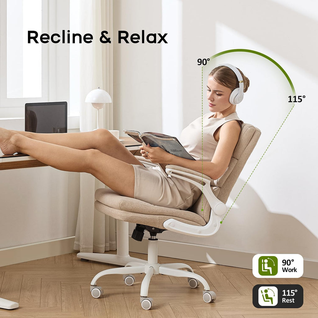 amseatec Office Chair Adjustable Desk Chair Mid Back Executive Comfortable Fabric Ergonomic Back Support Home Computer Chair with Padded Flip-up Armrest Swivel Wheels (Beige)