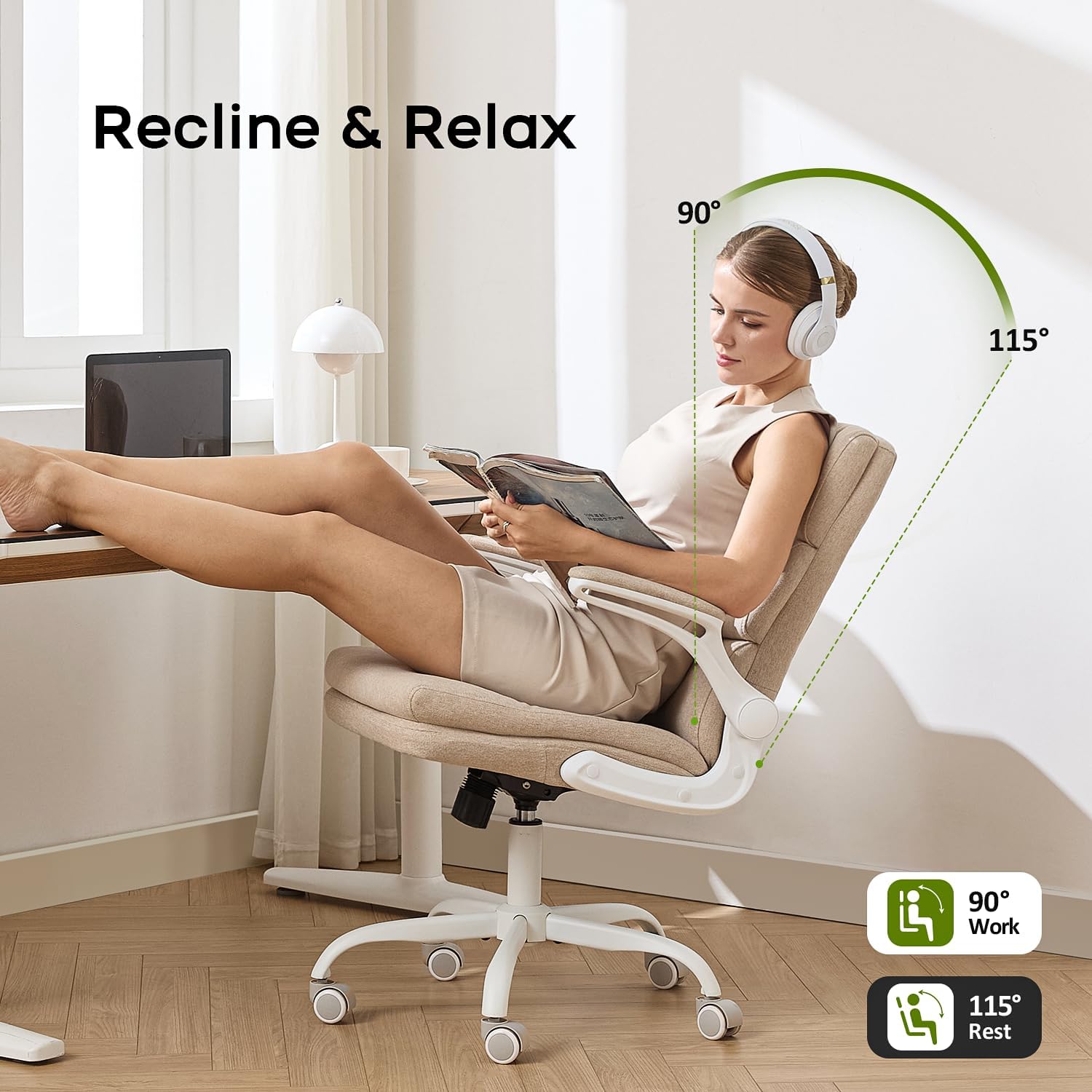 amseatec Office Chair Adjustable Desk Chair Mid Back Executive Comfortable Fabric Ergonomic Back Support Home Computer Chair with Padded Flip-up Armrest Swivel Wheels (Beige)