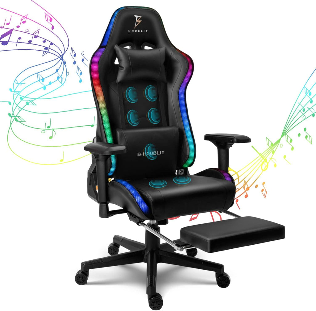 Gaming Chair for Adult with Footrest and Massage Video Game Chair with Speakers and RGB LED Lights PU Leather Ergonomic Racing Computer Chairs with Lumbar Support and 4D Armrest,Black