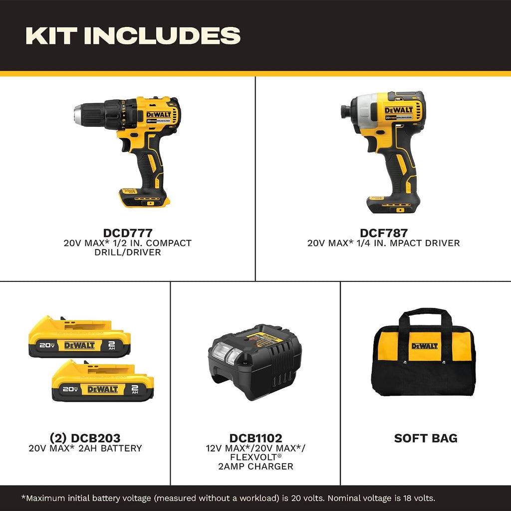 DEWALT 20V MAX Cordless Drill and Impact Driver, Power Drill Brushless 2-Tool Power Tool Combo Kit, Includes 2 Batteries, Charger and Bag (DCK277D2)