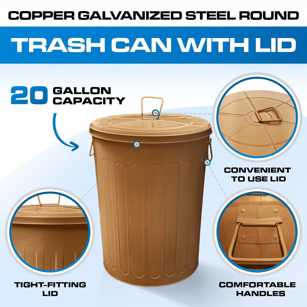 Plexon 20 Gallon Metal Trash Can with Lid Outdoor Large Trash Bin Steel Garbage Can for Garage Patio Farmhouse Bucket Bird Seed Storage Can Heavy Duty Round Container, Copper 6 Pack