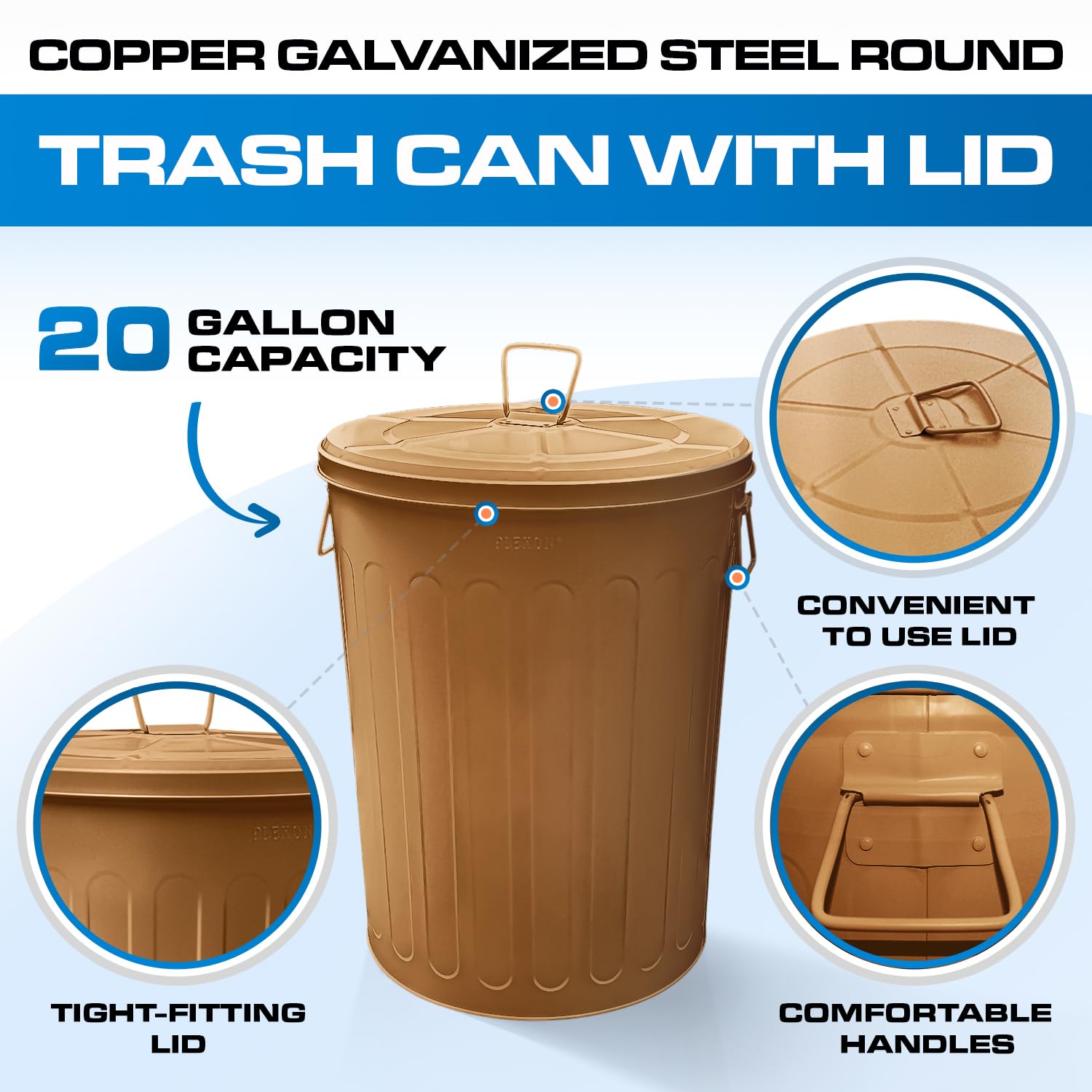 Plexon 20 Gallon Metal Trash Can with Lid Outdoor Large Trash Bin Steel Garbage Can for Garage Patio Farmhouse Bucket Bird Seed Storage Can Heavy Duty Round Container, Copper 6 Pack