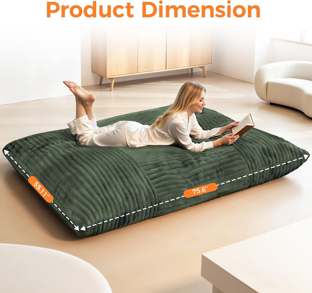 3 in 1 Giant Bean Bag Chair, Convertible Bean Bag Bed for Adults and Kids, Oversized Comfy Memory Foam Floor Sofa with Machine Washable Cover for Living Room, Bedroom & Dorm(Green)