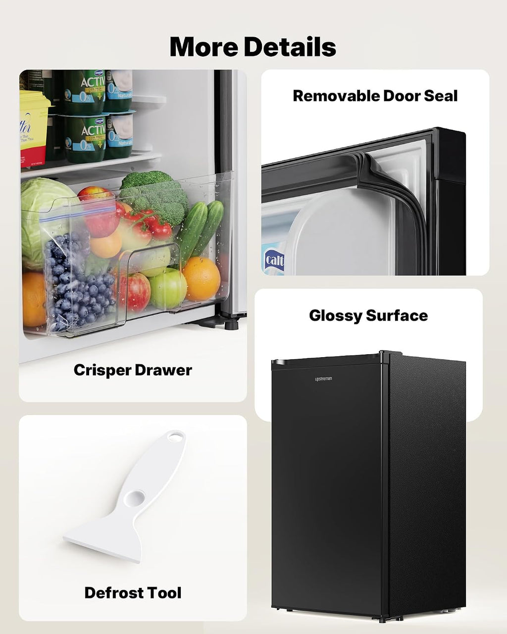 Upstreman 3.2 Cu.Ft Mini Fridge with Freezer, Quiet Efficient Small Fridge, Compact Refrigerator with Adjustable Thermostat, for Dorm, Bedroom, Office, Black-BR321