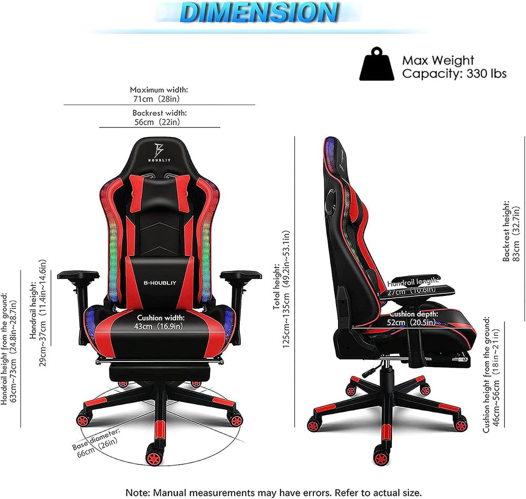RGB Gaming Chair with Speakers Racing Ergonomic Gaming Chair for Adults 7-Point Massage High Back Computer Chair Office Desk Chair Gamer Chair with Footrest Lumbar Support 4D Armrest,Black