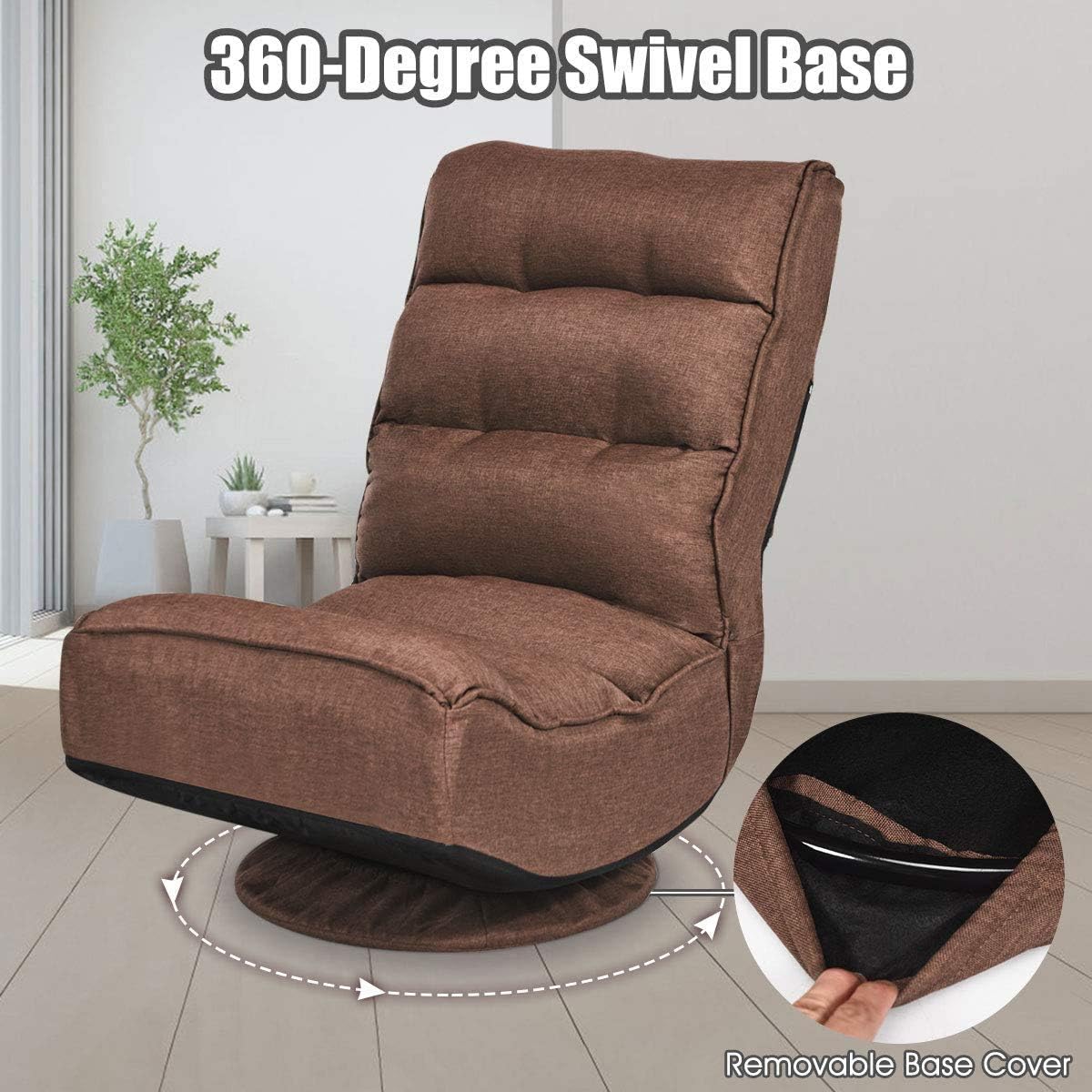 FANTASK 360 Degree Swivel Floor Chair, Folding Floor Sofa w/ 5 Adjustable Positions & Backrest, Lazy Lounge Chair for Relaxing Reading Gaming TV Watching (Brown)