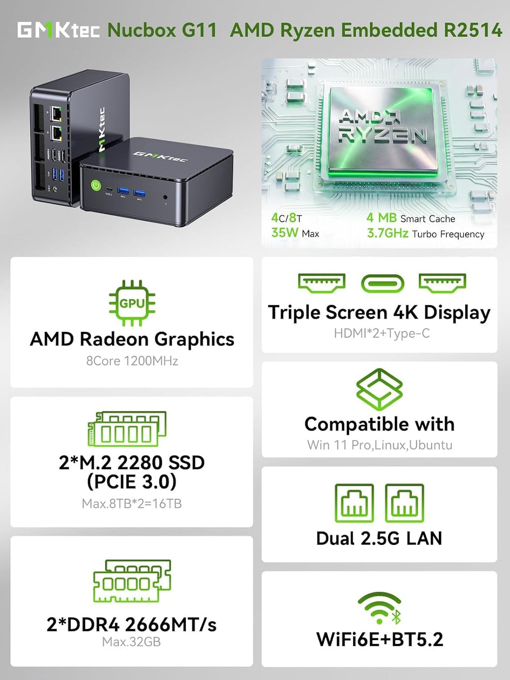 GMKtec G11 Budget Mini PC AMD Ryzen Embedded R2514 Dual DDR4 NVMe SSD/ RJ452.5G WiFi6E BT5.2/USB3.2 HDMI AMD Radeon Graphic Desktop Mini Computers