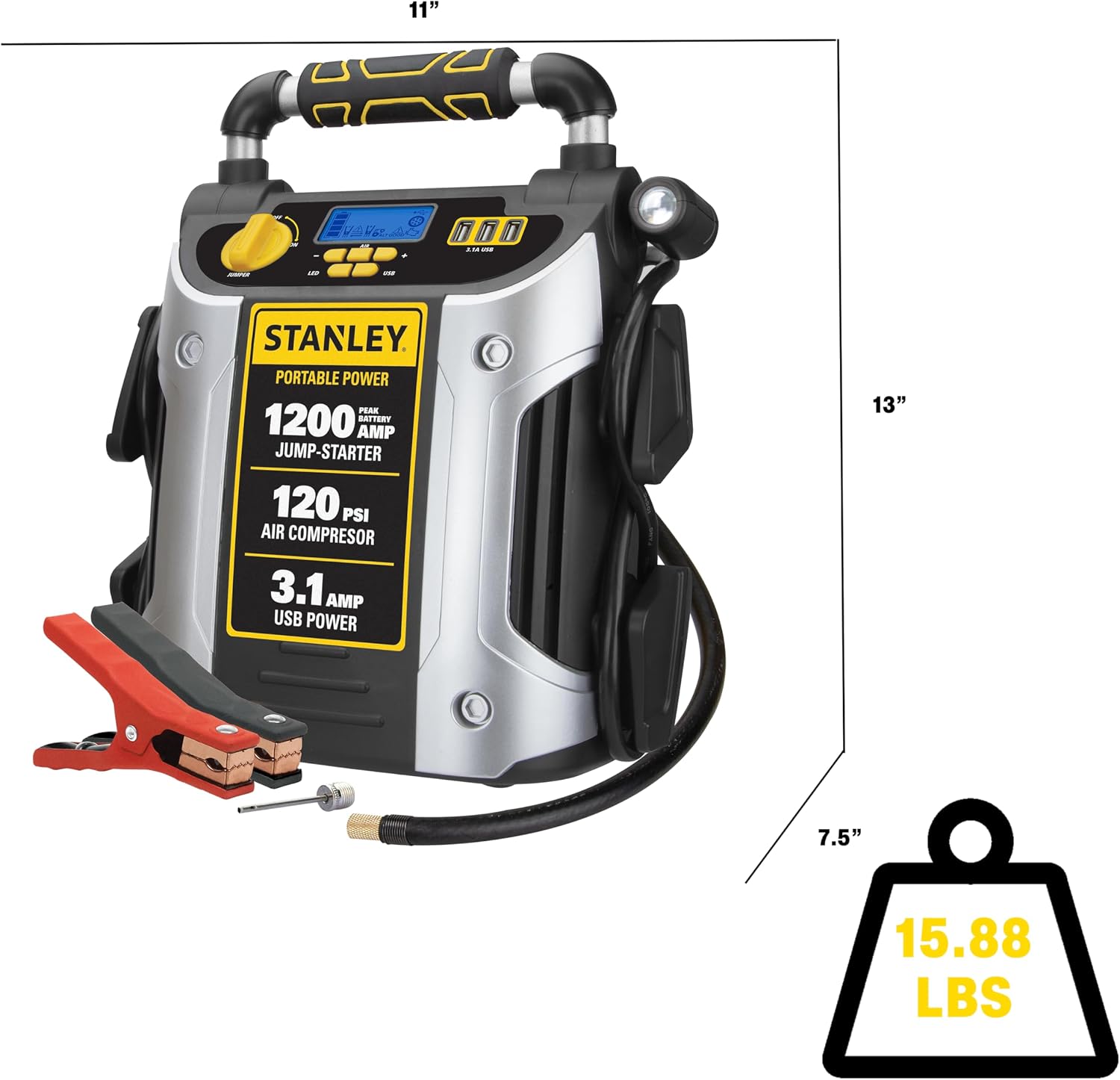 Stanley J5C09D 1200 Peak Amp Automotive Jump Starter, Portable Power – 2.1A/10W USB Port, 120 PSI Air Compressor