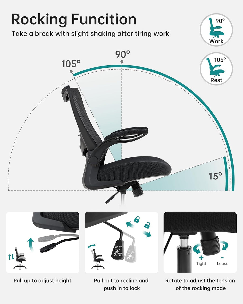 MUXX.STIL Office Chair, Ergonomic Desk Chair with Adjustable Lumbar Support and Flip up Armrest, Breathable Mesh Computer Chair for Home Office, Black