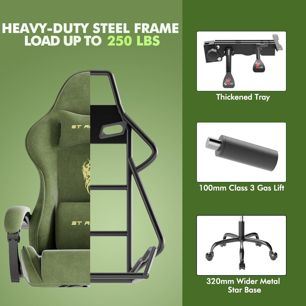Huracan Velvet Fabric Racing Gaming Chair for Adults - Ergonomic Gamer Chair with Massage Lumbar, Footrest & Spring Cushion | Home Office/Video Game Chair, Green