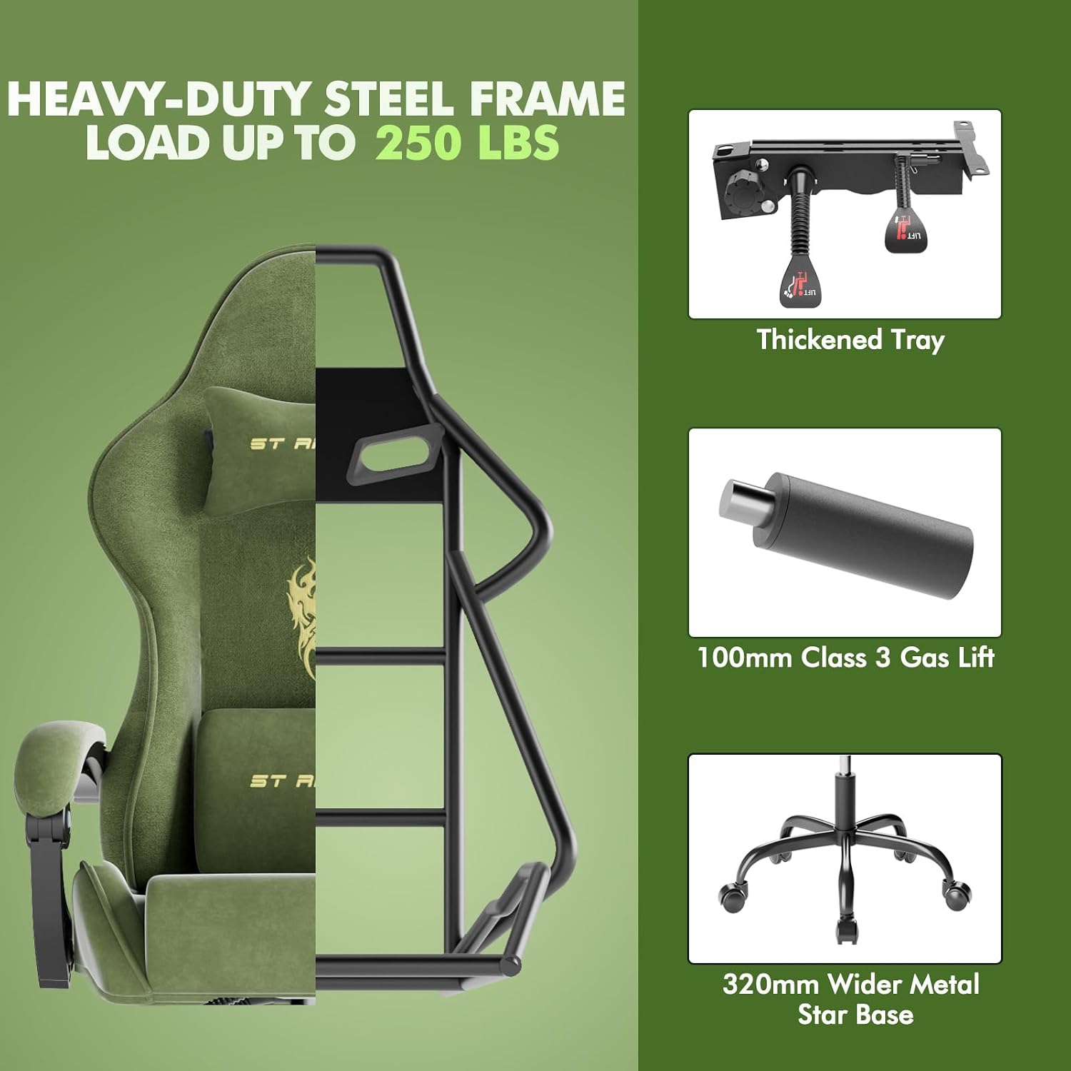 Huracan Velvet Fabric Racing Gaming Chair for Adults - Ergonomic Gamer Chair with Massage Lumbar, Footrest & Spring Cushion | Home Office/Video Game Chair, Green