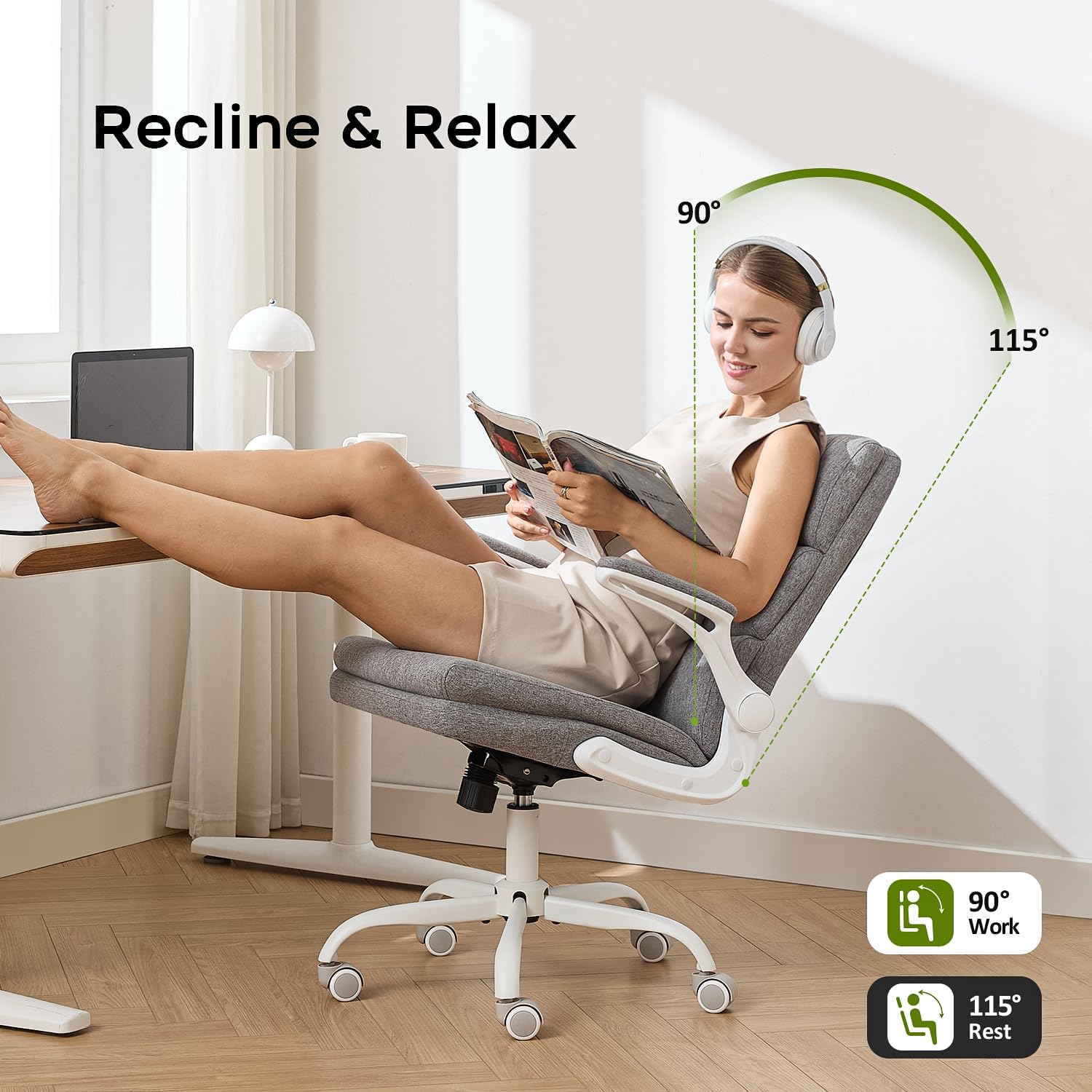 amseatec Office Chair Adjustable Desk Chair Mid Back Executive Comfortable Fabric Ergonomic Back Support Home Computer Chair with Padded Flip-up Armrest Swivel Wheels (Cement Gray)