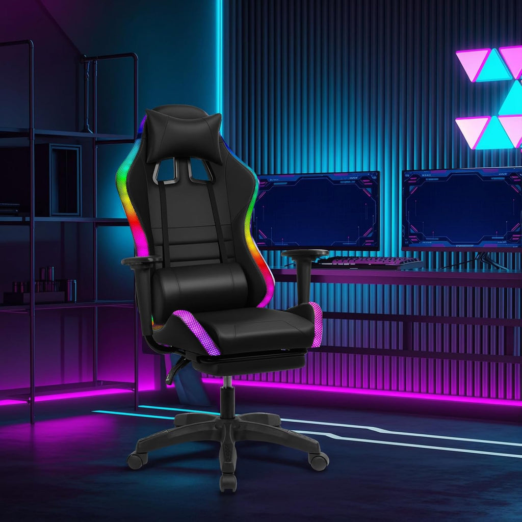 Gaming Chair with Bluetooth Speakers and LED Lights, Gamer Chair with Height Adjustable, Ergonomic Massage Computer Gaming Chair with Footrest, Video Game Chair with Lumbar Support for Adults