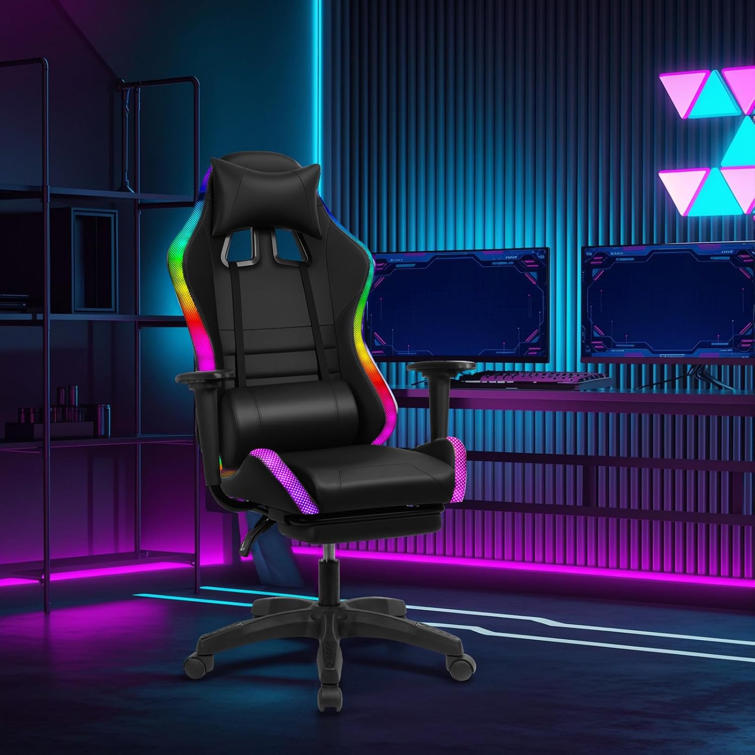 Gaming Chair with Bluetooth Speakers and LED Lights, Gamer Chair with Height Adjustable, Ergonomic Massage Computer Gaming Chair with Footrest, Video Game Chair with Lumbar Support for Adults