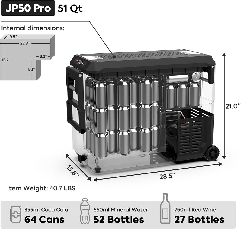 ICECO JP50Pro 12Volt Refrigerator, Portable Freezer with Multi-Directional Lid, 51.7Qt/47L Compact Freezer Powered by SECOP Compressor, -4℉～68℉AC DC USB, Electric Cooler for Outdoor| With AC Cable