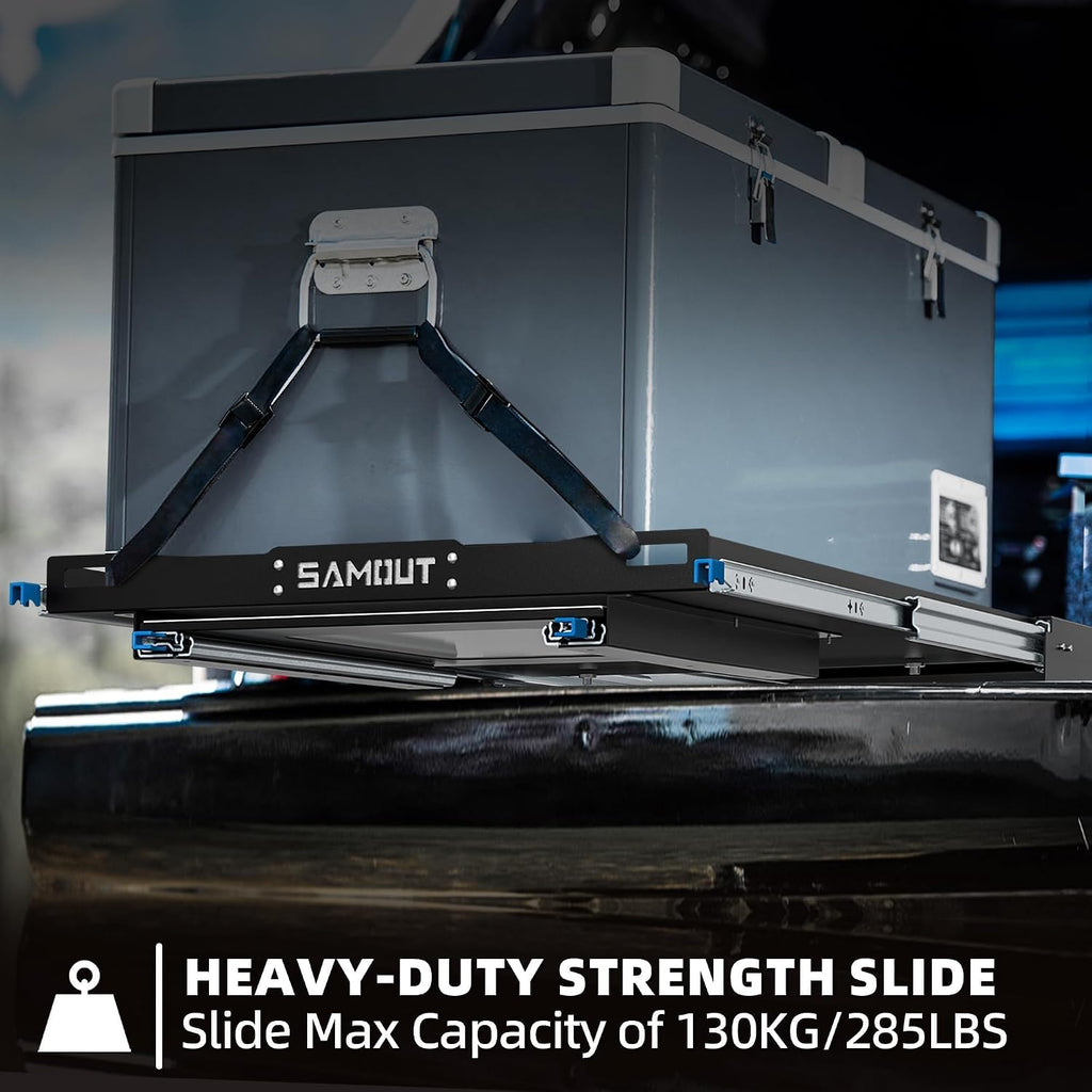 SAMOUT Fridge Slide with Chopping Board, Inner 39.2 x 22.4in, Vehicle Refrigerator Slider with 4 Buckle Straps, Max 287 LBS, 3rd Gen