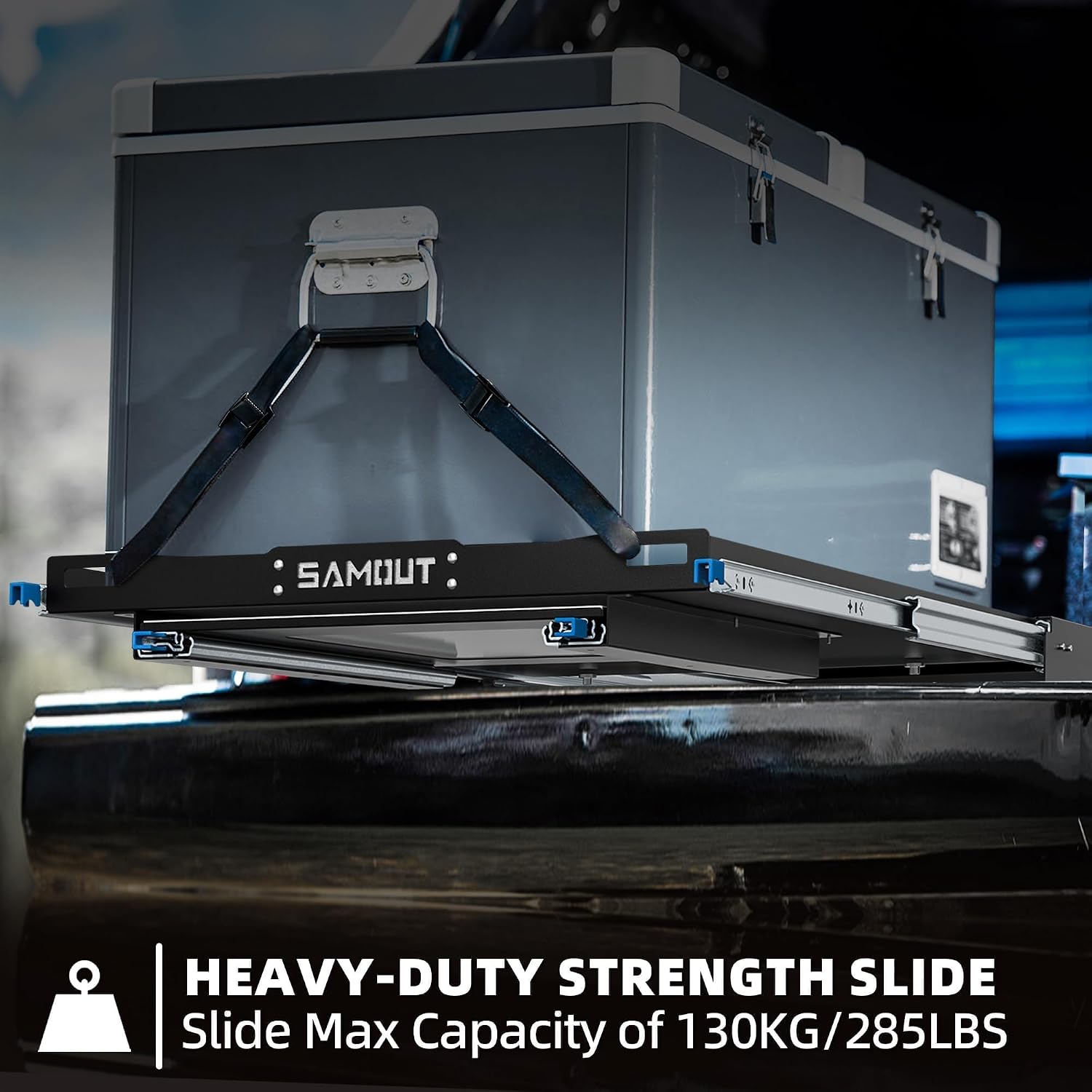 SAMOUT Fridge Slide with Chopping Board, Inner 39.2 x 22.4in, Vehicle Refrigerator Slider with 4 Buckle Straps, Max 287 LBS, 3rd Gen