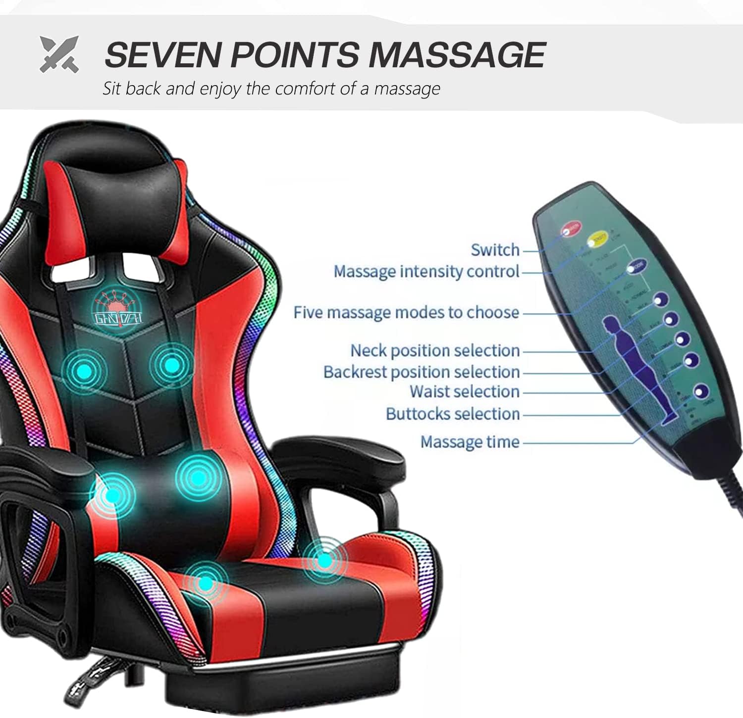 XOOFMASS Gaming Chair with Speakers Video Game Chair with RGB LED Lights Ergonomic Racing Office Chair, PU Leather Recliner Computer Chair Swivel E-Sports Chair with Armrest and Lumbar Support,White