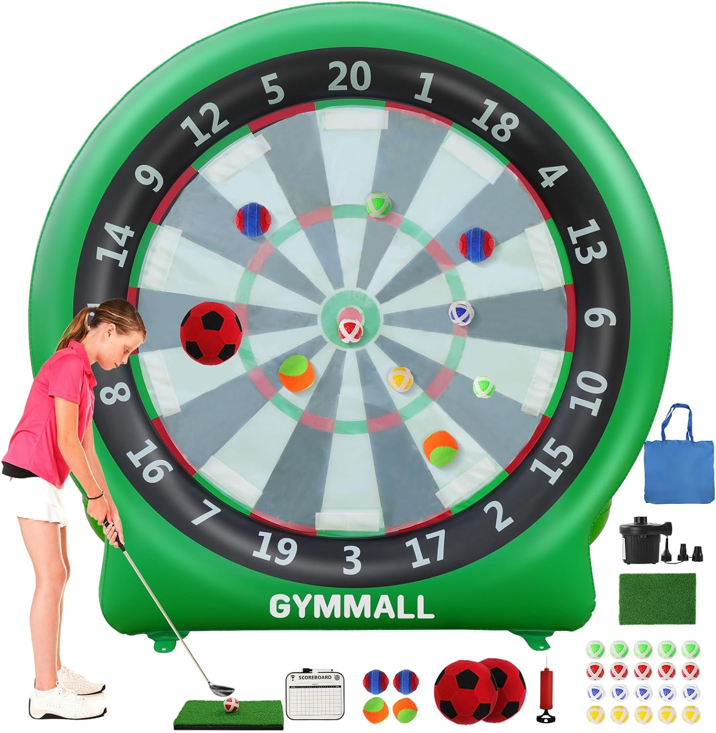 Giant Dart Board Inflatable with Pump, Outdoor and Indoor Soccer Sport Kick Dartboard for Kids and Adults, Waterproof Darts Board Yard Game with 20 Golf Balls, 4 Sticky Balls, 2 Soccers