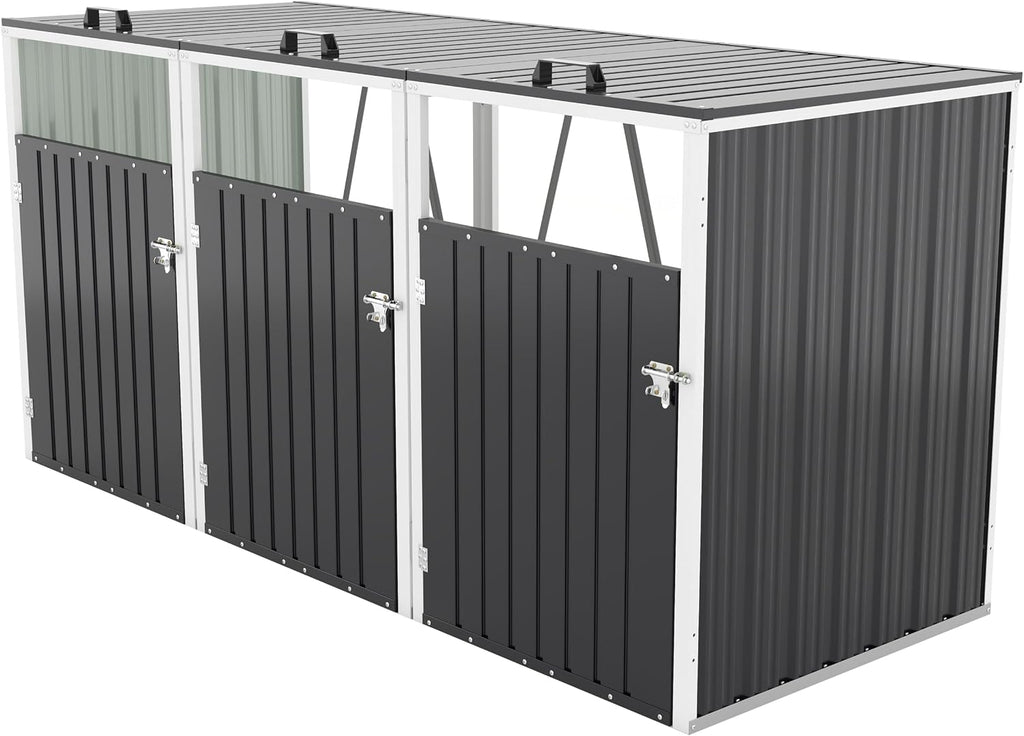 Outdoor Metal Garbage Bin Shed for 3 Trash Cans, Waterproof Galvanized Steel Double Trash Can Storage Shed with Hydraulic Lid, Lockable Door & Large Capacity for Garden Yard Patio, Dark Gray