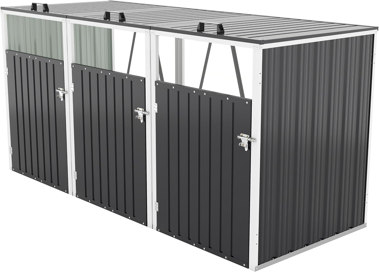 Outdoor Metal Garbage Bin Shed for 3 Trash Cans, Waterproof Galvanized Steel Double Trash Can Storage Shed with Hydraulic Lid, Lockable Door & Large Capacity for Garden Yard Patio, Dark Gray