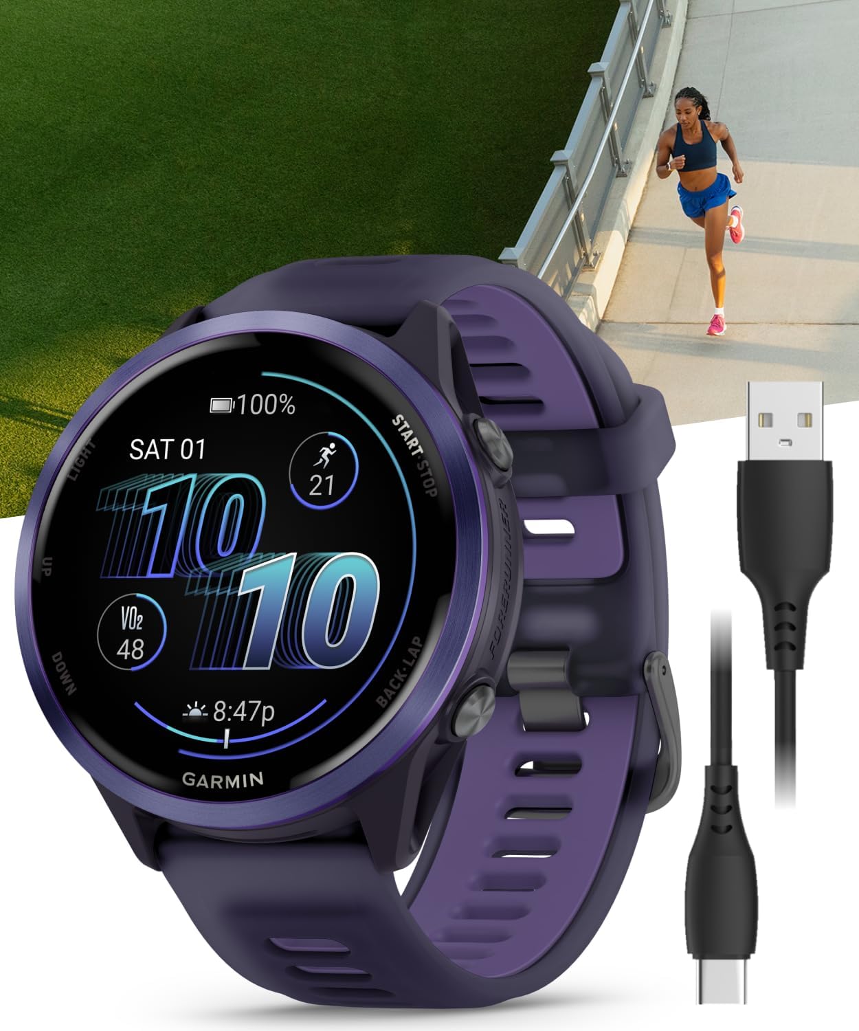 Garmin Forerunner 570 47mm Advanced GPS Running & Triathlon Smartwatch, AMOLED Display, Training & Recovery, Indigo Aluminum w/Translucent Imperial Purple/Indigo Band w/ Wearable4U BLK Earbuds Bundle