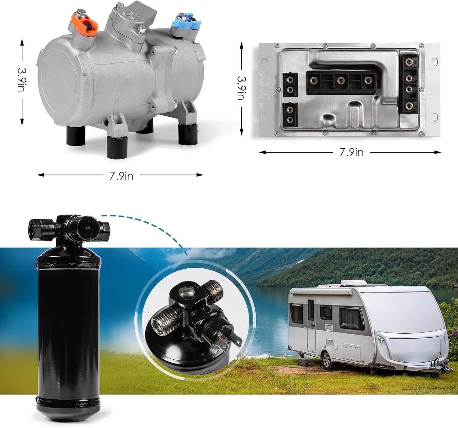 12V automobile air conditioner electric compressor kit, applicable to classic cars, pickup trucks, RV, trucks, agricultural vehicles, excavators, vans, etc。12V DC A/C (12V single cooling)