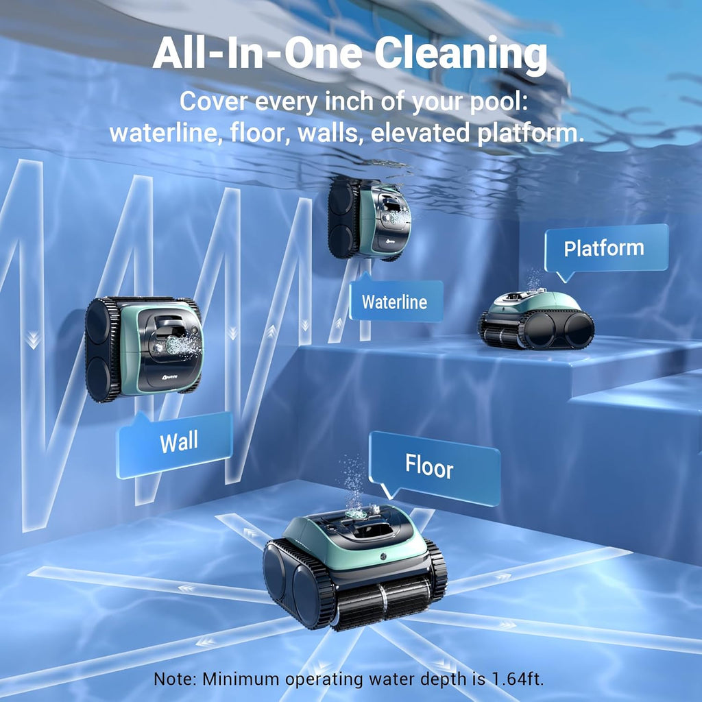 Pool Vacuum for Inground Pools, 4-in-1 Cordless Robotic Pool Cleaner for Above Ground Pools,Triple-Motors,Wall & Waterline Cleaning, App Support, OTA Upgrade up to 1,614 Sq.ft (Black Green)
