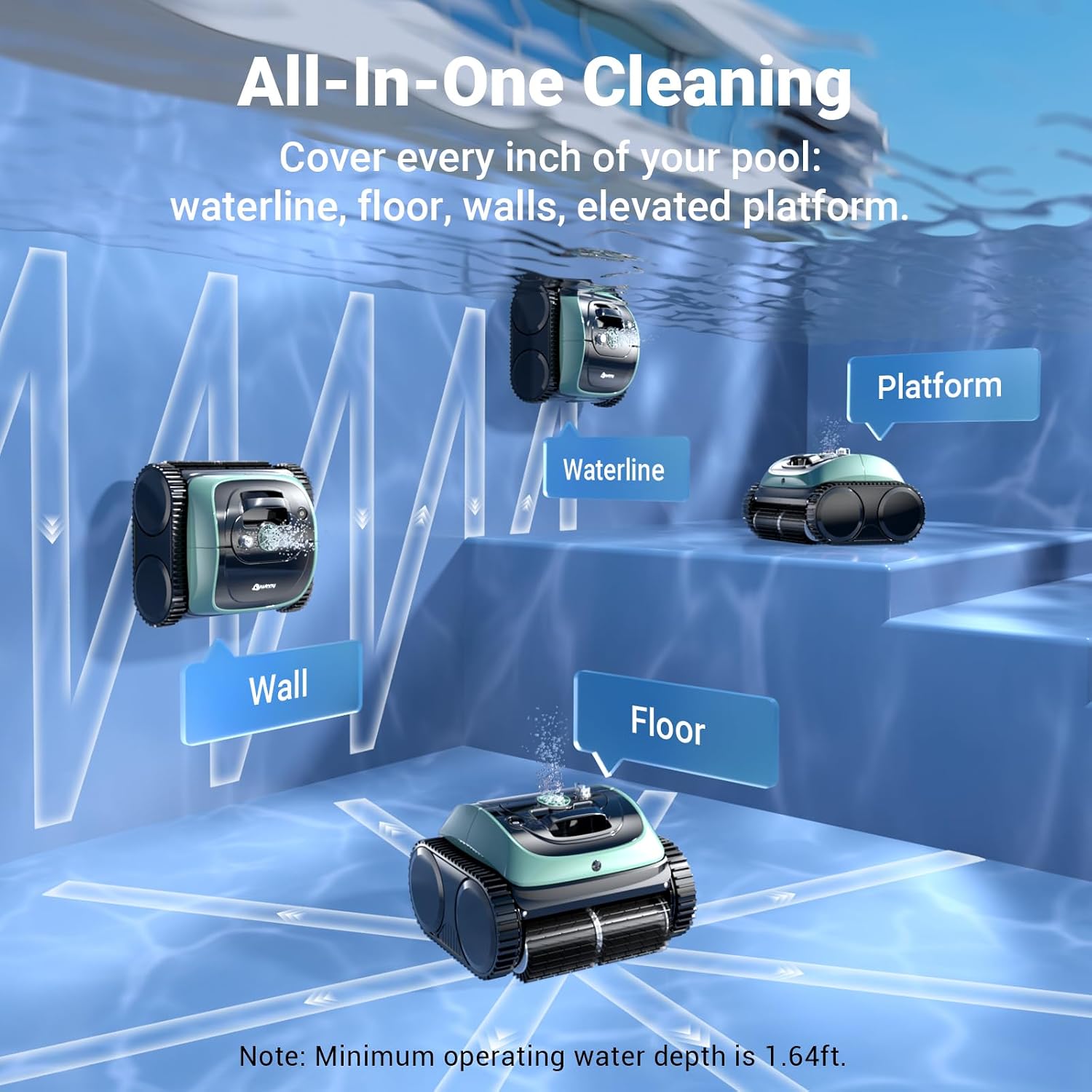 Pool Vacuum for Inground Pools, 4-in-1 Cordless Robotic Pool Cleaner for Above Ground Pools,Triple-Motors,Wall & Waterline Cleaning, App Support, OTA Upgrade up to 1,614 Sq.ft (Black Green)