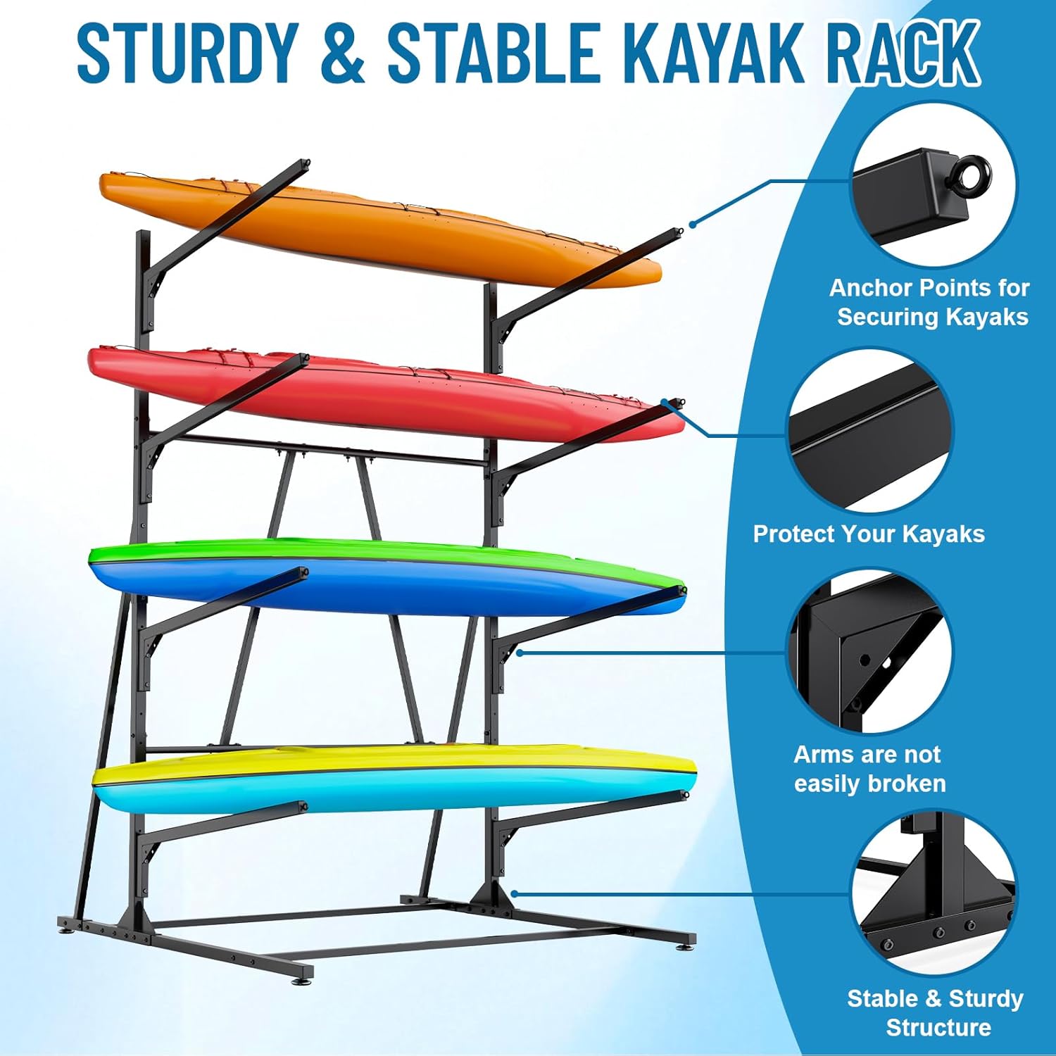 Kayak Storage Rack, Heavy Duty Freestanding Kayak Rack for Garage and Outdoor Storage, Kayak Stand Adjustable for Kayak, Canoe, Surfboard and Paddle Board, 4-Layer