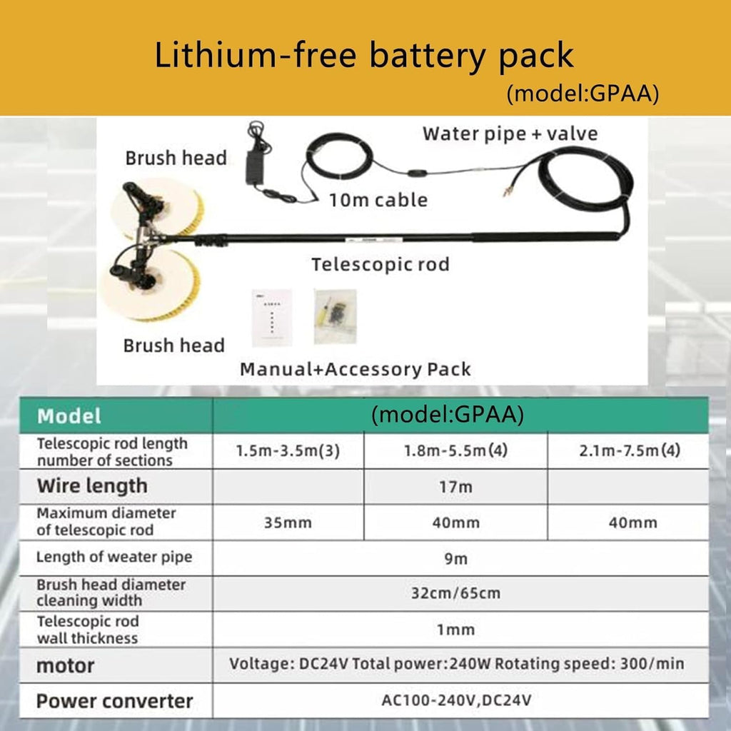 Electric Solar Panel Cleaning Brush Dual Head, Telescopic Rod PV Panel Wash Cleaning Machine, Double Head Equipment Solar Cleaner Robot,Electric Water Fed Pole Kit (Gpaa7.5m)