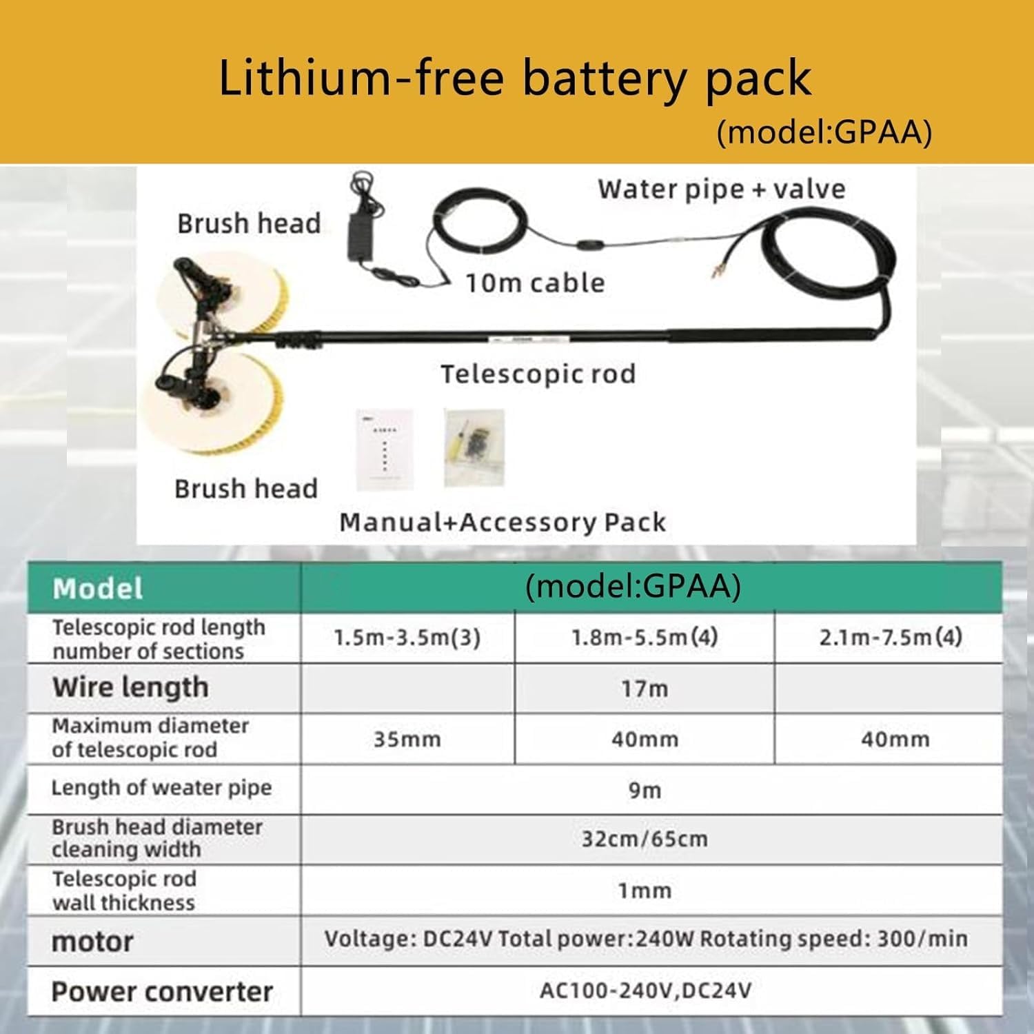 Electric Solar Panel Cleaning Brush Dual Head, Telescopic Rod PV Panel Wash Cleaning Machine, Double Head Equipment Solar Cleaner Robot,Electric Water Fed Pole Kit (Gpaa7.5m)