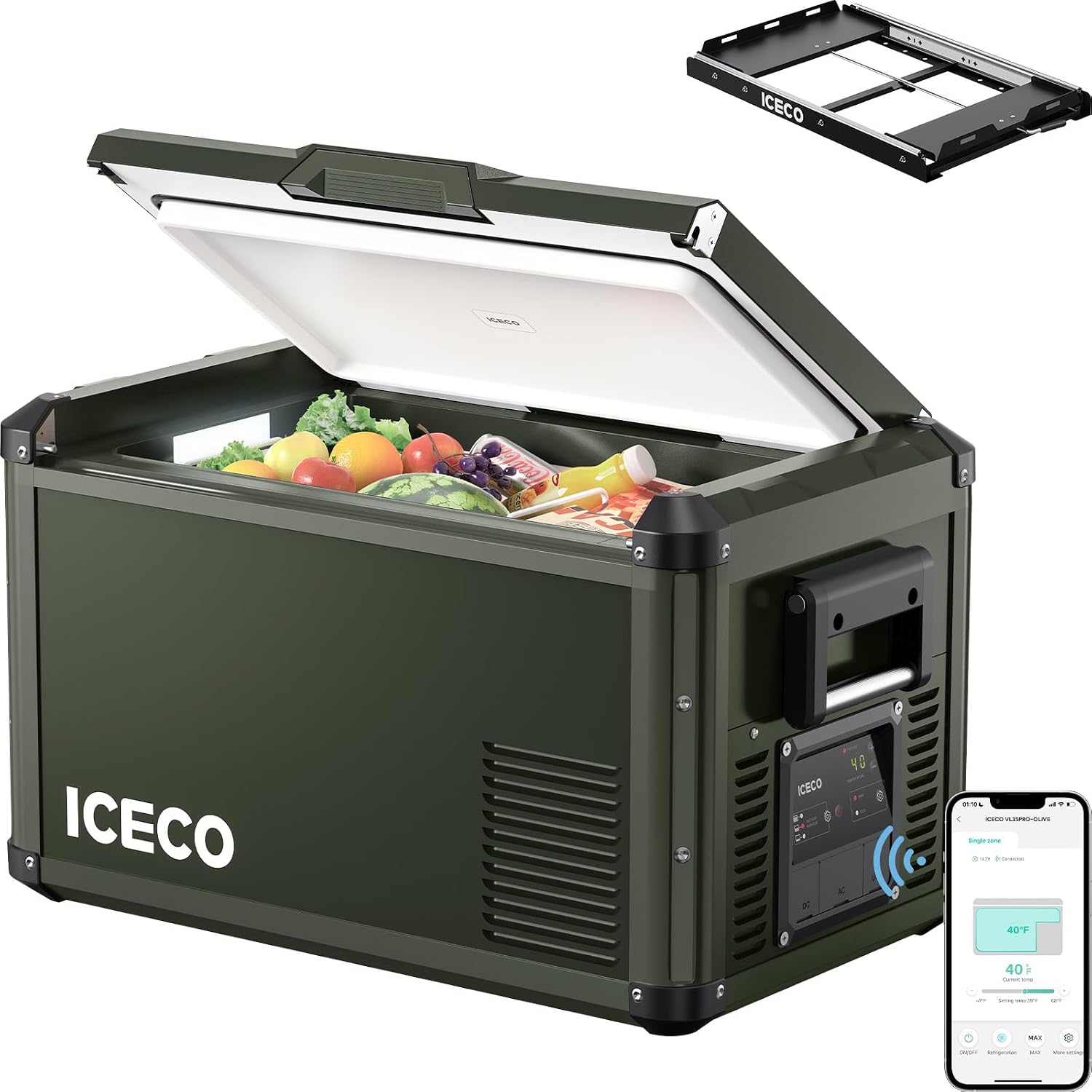 ICECO VL35 ProS 12 Volt Refrigerator Powered by SECOP, 35 Liters Portable Fridge, Multi-directional Lid, Dual USB & DC 12/24V, AC 110-240V, 0℉-50℉, for Car, Truck(VL35 ProS Olive Green+Slide)