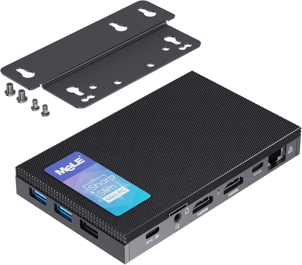 MeLE Quieter4C Fanless N150 Mini PC 8GB LPDDR5 128GB eMMC Win11pro Ultrathin Micro PC 2X HDMI + USB-C 4K Triple Display 2.4G/5GHz WiFi BT5.1 GbE Small Desktop Computer on Office IoT Digital Signage
