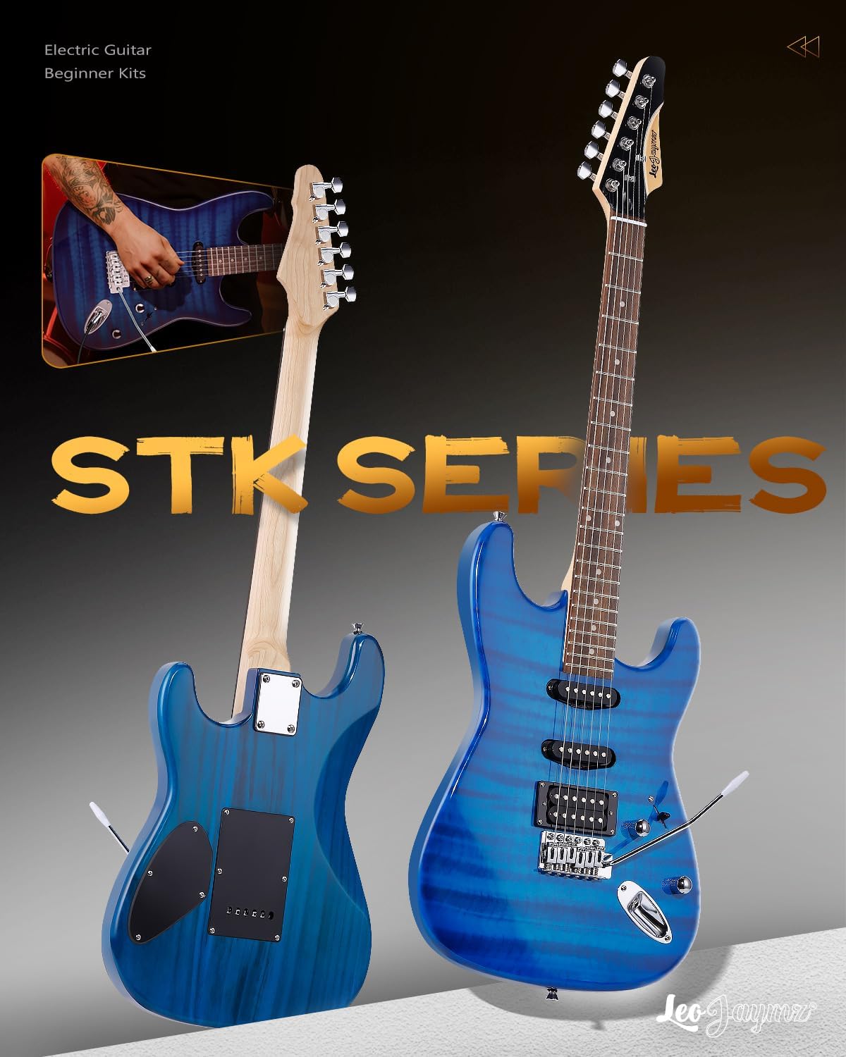Leo Jaymz 39' Full Size ST Style Electric Guitar Starter Kit with SSH Pickup, 5W Portable Amp, Tuner, Gig Bag, Strap & Accessories(Blue Flame 5W)