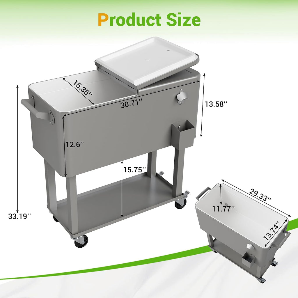 80 Quart Rolling Ice Chest Cooler Cart with Shelf, Heavy Duty Insulated Cooler Box on Wheels with Drain Plug, Weather Resistant Outdoor Party BBQ Drink Cart