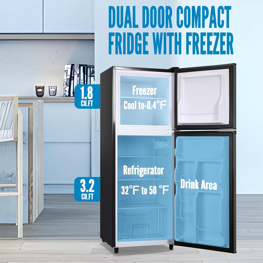 WANAI Large Capacity Fridge with Freezer, 5.0 CU.FT Refrigerator with 2 Door & 7 Gear Mechanical Control & Side Bottle Rack, LED Light, Ideal for Dorm, Kitchen, Apartment, Office, Dark Gray