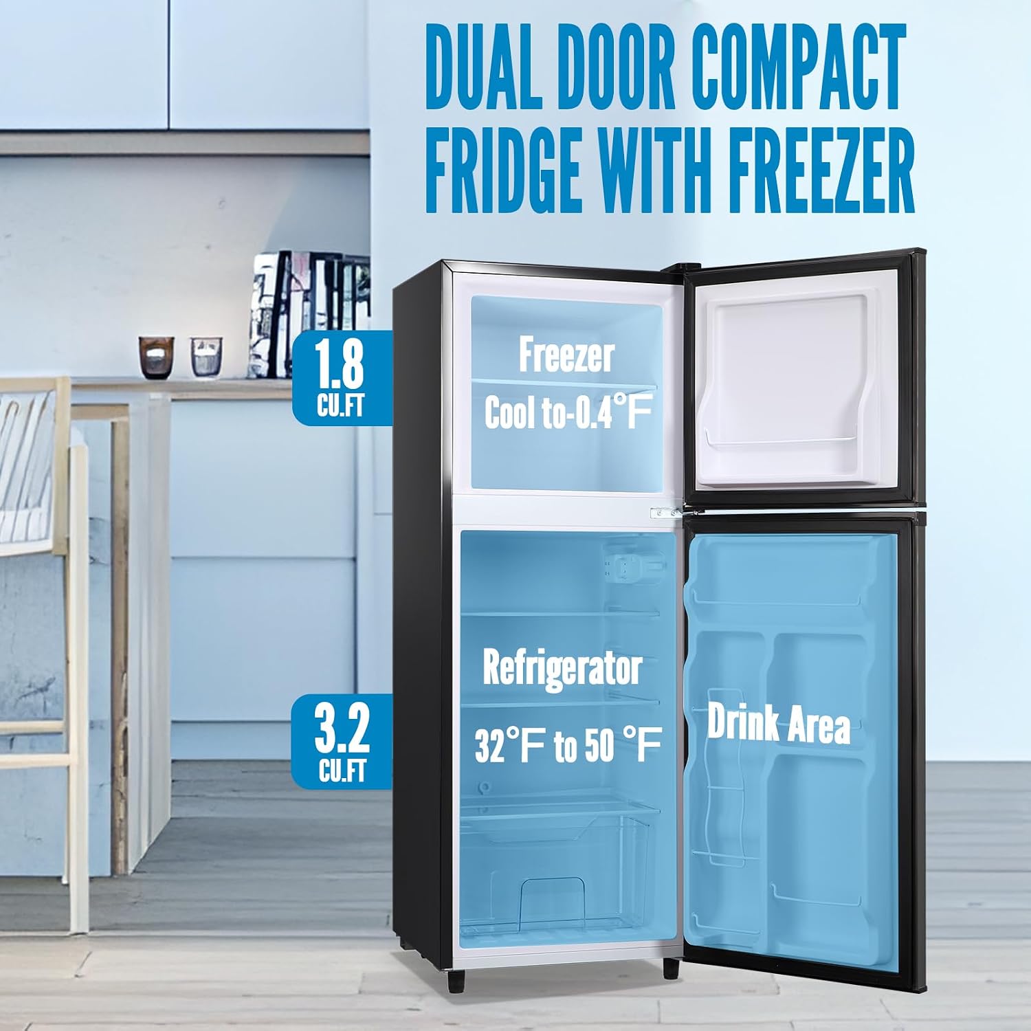 WANAI Large Capacity Fridge with Freezer, 5.0 CU.FT Refrigerator with 2 Door & 7 Gear Mechanical Control & Side Bottle Rack, LED Light, Ideal for Dorm, Kitchen, Apartment, Office, Dark Gray