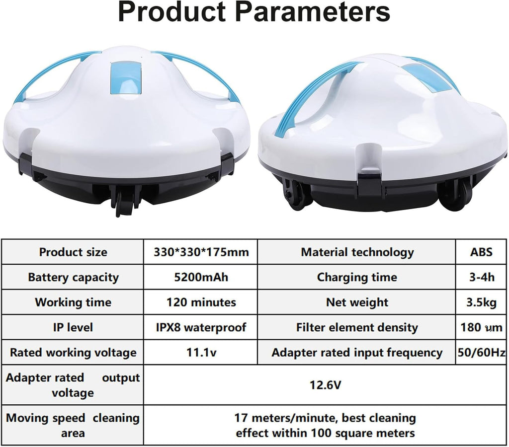 Rechargeable Cordless Pool Vacuum, Robotic Pool Cleaner Cleaning Robot, with Dual Motor, 5200mAh Battery Self-Parking Feature