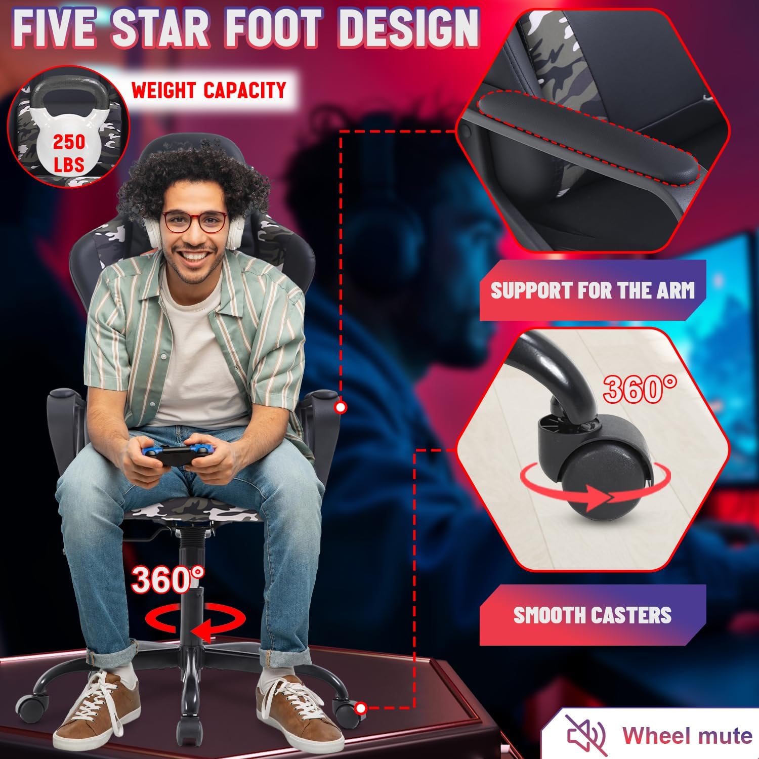Dopinmin PU Leather Ergonomic Gaming Chair Esports Computer Chair Boss Chair with Lumbar Cushion and Retractable Footrest Video Game Chair for Streaming,CAMO