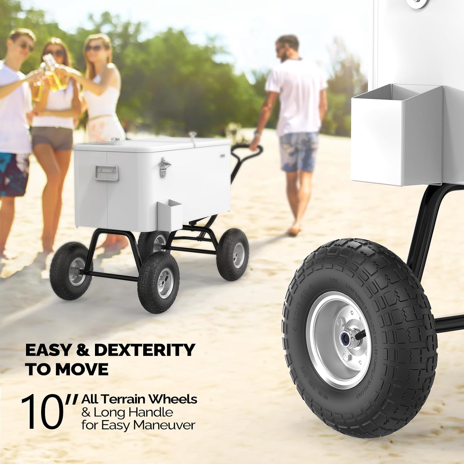 VINGLI 80 Quart Wagon Rolling Cooler Ice Chest, w/Long Handle and 10' Wheels, Portable Beach Patio Party Bar Cold Drink Beverage, Outdoor Park Cart on Wheels