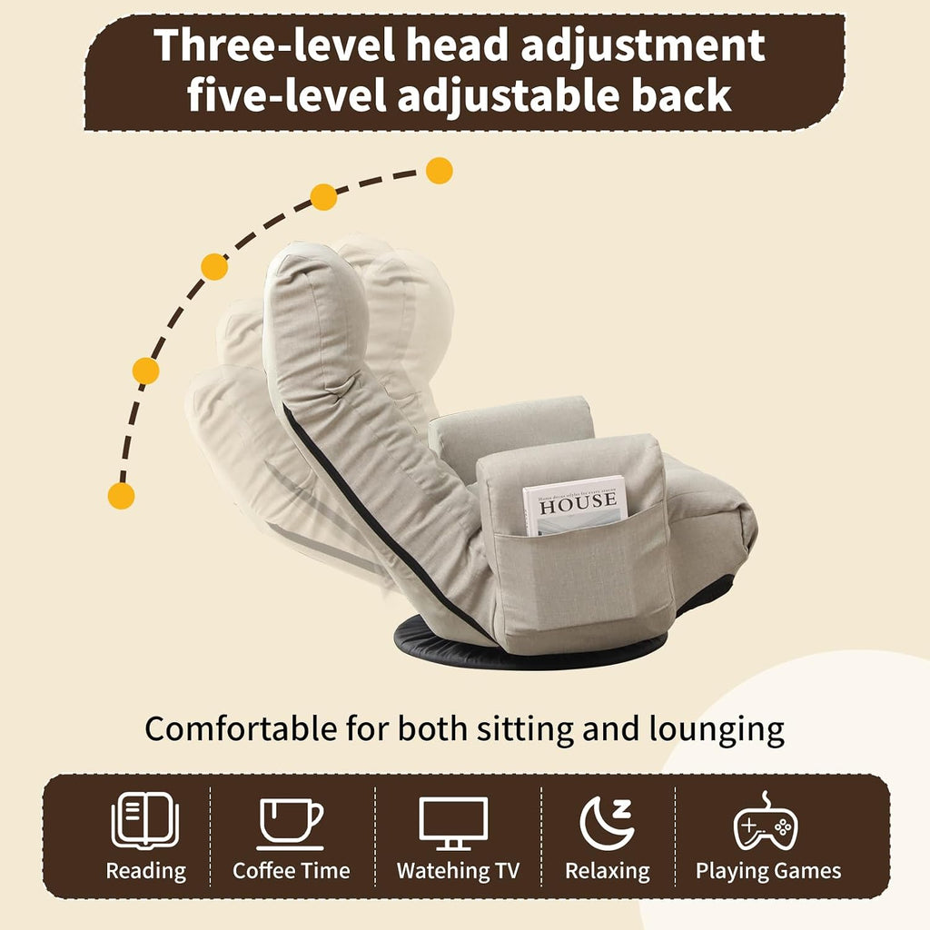 Swivel Lazy Floor Chair, Adjustable Reclining Floor Lounger with Head & Back Support, Comfy Tatami Sofa Seat for Adults Bedroom & Gaming
