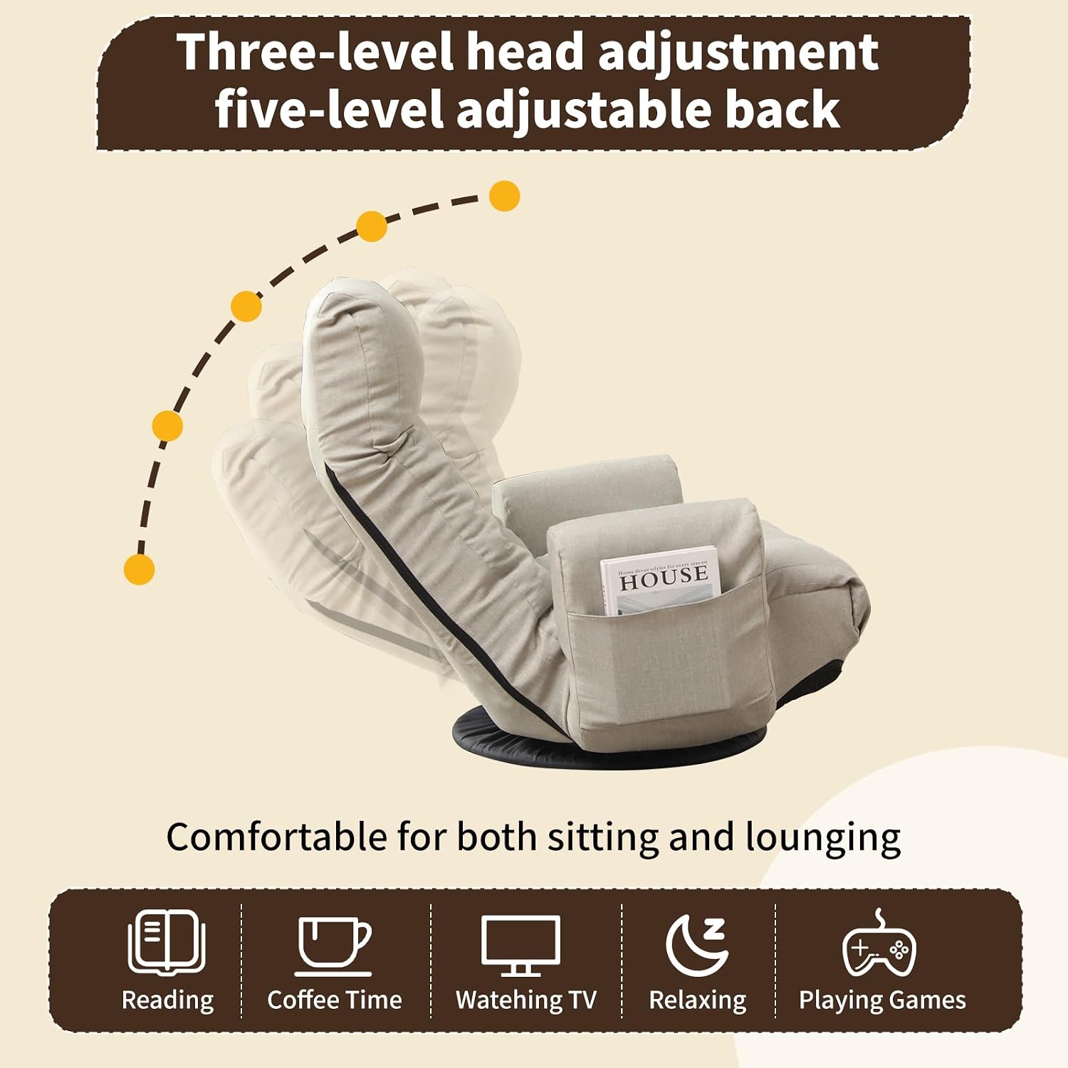 Swivel Lazy Floor Chair, Adjustable Reclining Floor Lounger with Head & Back Support, Comfy Tatami Sofa Seat for Adults Bedroom & Gaming