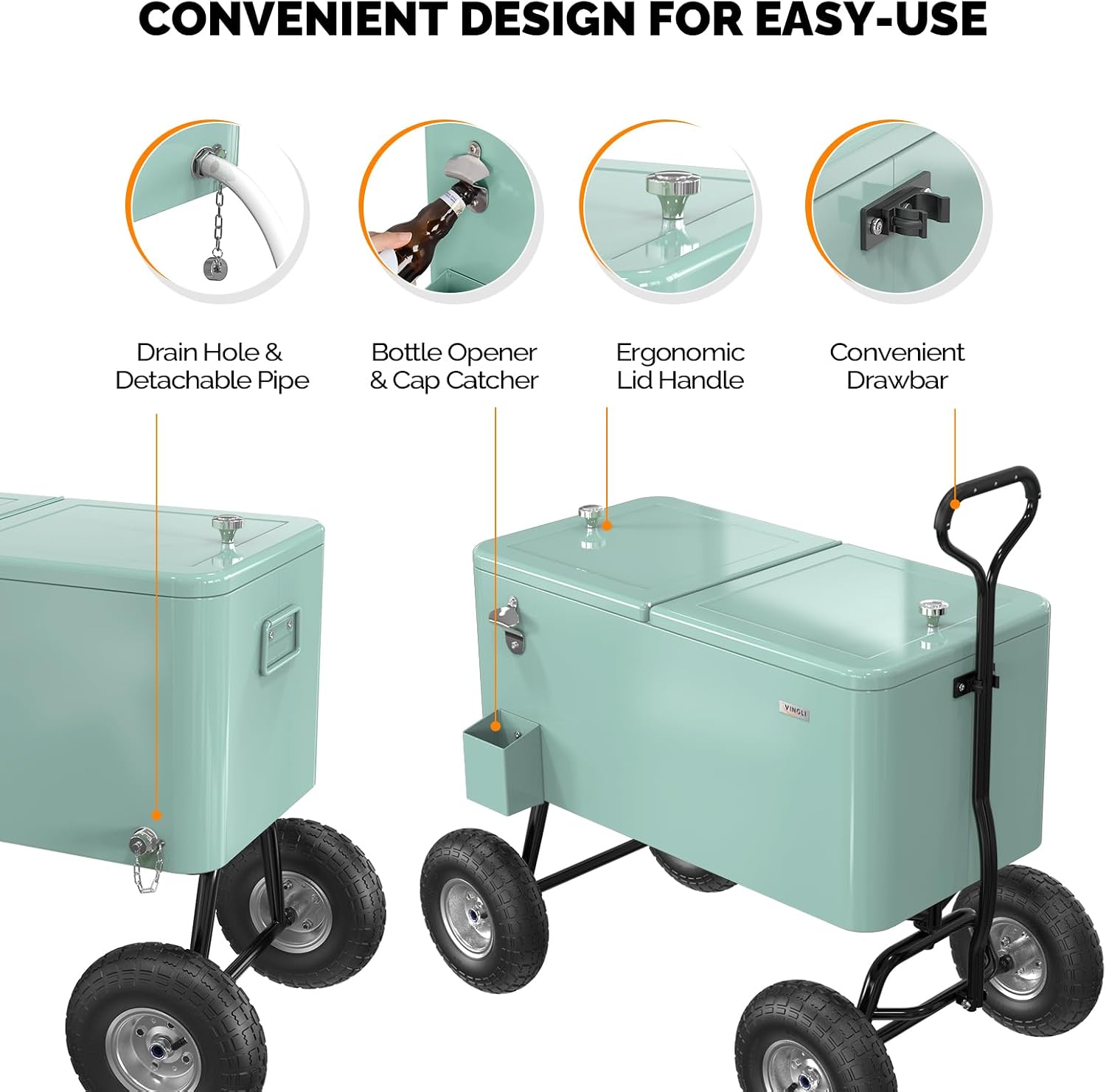 VINGLI 80 Quart Wagon Rolling Cooler Ice Chest, w/Long Handle and 10' Wheels, Portable Beach Patio Party Bar Cold Drink Beverage, Outdoor Park Cart on Wheels