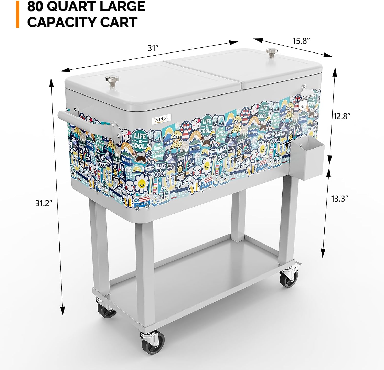 VINGLI Rolling Ice Chest, Portable Patio Party Bar Drink Cooler Cart, with Shelf, Beverage Pool with Bottle Opener