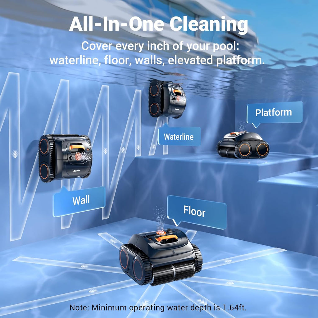 Pool Vacuum for Inground Pools, 4-in-1 Cordless Robotic Pool Cleaner for Above Ground Pools,Triple-Motors,Wall & Waterline Cleaning, App Support, OTA Upgrade up to 1,614 Sq.ft