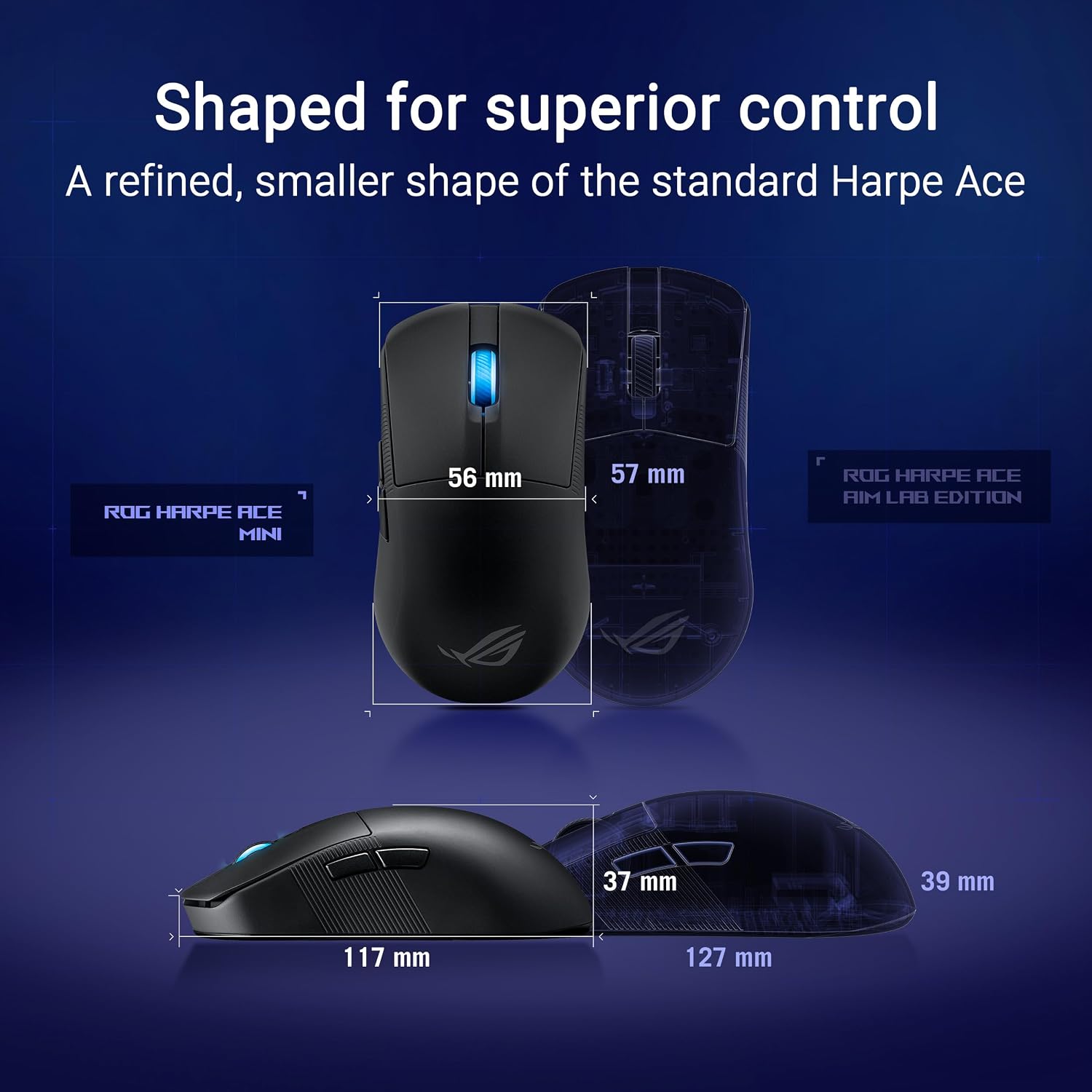 ASUS ROG Harpe Ace Mini Wireless Esports Gaming Mouse – Small Compact Design, Right-Handed, 49g Lightweight, Tri-Mode Connectivity, 36K DPI, up to 105Hr Battery, Pro-Approved, PC/Mac Support - Black